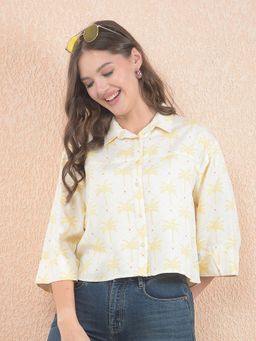 CRIMSOUNE CLUB - Women Printed Yellow Crop Shirt with Extended Sleeves