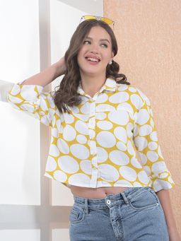 CRIMSOUNE CLUB - Women Polka Printed Pure Cotton Yellow Crop Shirt With Extended Sleeves