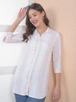 CRIMSOUNE CLUB - Women Striped Peach Long Shirt