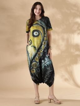 HELLCAT - Women Printed Green Round Neck Stylish Half Sleeve Party Dress