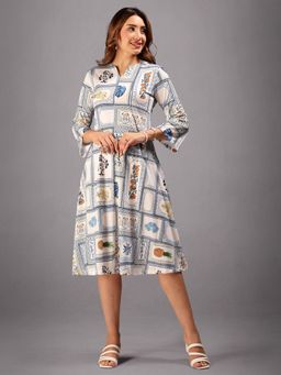 HELLCAT - Women Floral Printed White Stylish Full Sleeve Party Dress