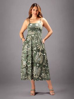 HELLCAT - Women Floral Printed Green Shoulder Straps Stylish Party Dress