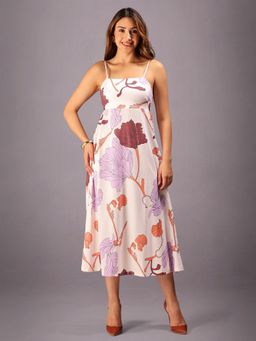 HELLCAT - Off White Women Floral Printed Shoulder Straps Stylish Party Dress