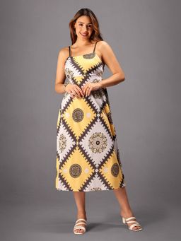 HELLCAT - Women Geometric Printed Mustard Shoulder Straps Stylish Party Dress
