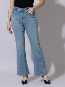SHOWOFFFF - Women Washed Blue High Waisted Boot Cut Jeans
