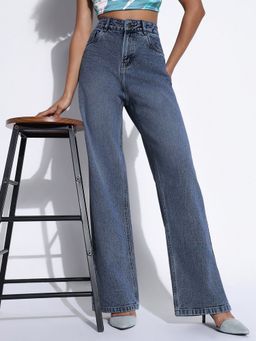 SHOWOFF - Women Solid Dark Blue Wide Leg Jeans