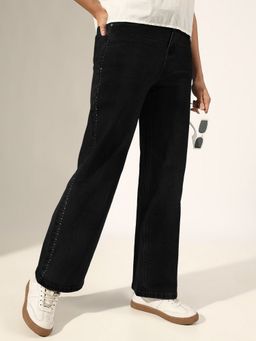 SHOWOFFFF - Women Black Mid-Rise Straight Fit Embellished Jeans