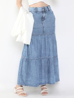 SHOWOFF - Women Blue Tiered Maxi Denim Skirt