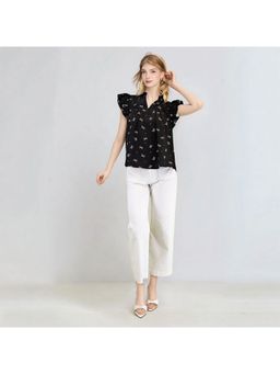 Outzidr - Black Ruffle Sleeve Printed Top