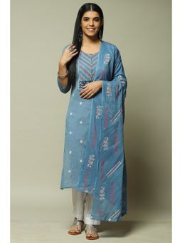 Biba - Blue Cotton Unstitched Suit (Set of 3)