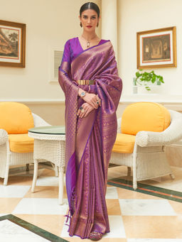 Akhilam - Women Silk Blend Purple Embroidered Woven Saree with Unstitched Blouse Piece