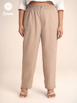 Twenty Dresses by Nykaa Fashion - Curve Beige Solid High Waist Straight Fit Trousers