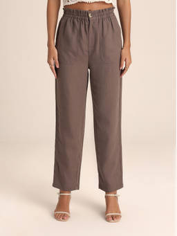 Twenty Dresses by Nykaa Fashion - Taupe Solid High Waist Straight Fit Trousers