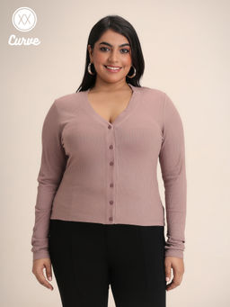 Twenty Dresses by Nykaa Fashion - Curve Taupe Solid Ribbed Full Sleeves Cardigan T-Shirt