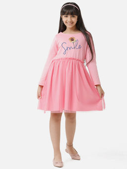 Under Fourteen Only - Girls Knitted Dress with Mesh Skirting and Embroidery On Chest