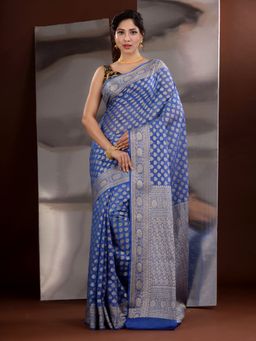 CHARUKRITI - Blue Georgette Zari Handwoven Saree with Unstitched Blouse