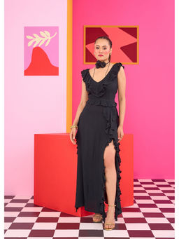 The Clothing Factory - Emily In Paris Black Ruffled High-Slit Maxi Dress