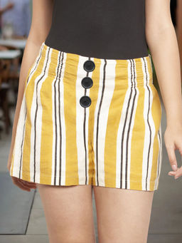 Martini - Women Yellow Stripe Buttoned Cotton Shorts