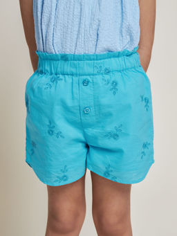 The Tribe Kids - Floral Embroidered Light Blue Cotton Cambric Girls Shorts