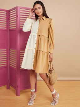 Styli - Beige Long Sleeves Collared Colorblock Shirt Dress