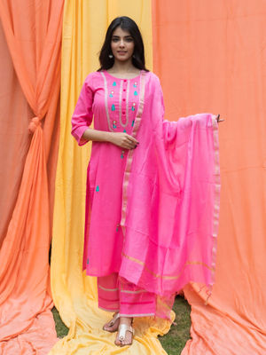 SVARCHI Cotton Slub Embroidered Straight Kurta Palazzo and Dupatta Set-Pink (Set of 3)