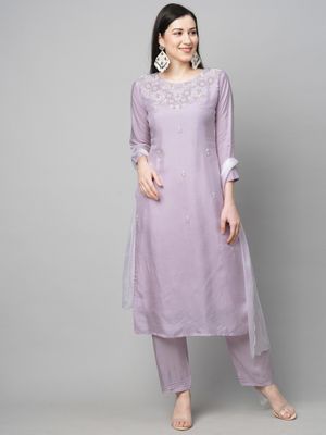 Women's Purple Silk Embroidered Straight Kurta Pant With Dupatta