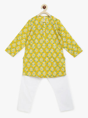 Campana Boys Mrinal Floral Printed Cotton Kurta Pyjama Set - Green & Peach