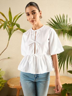 Bow Tie Peplum Top in Off White