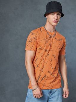 Bewakoof - Men's Orange All Over Printed T-shirt