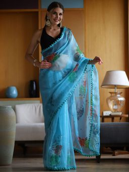 Odette - Sky Blue Printed Organza Saree with Unstitched Blouse