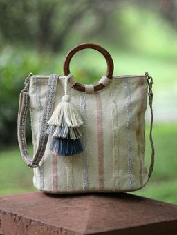 Anekaant - Women Beige Cotton Handbag with Detachable Strap