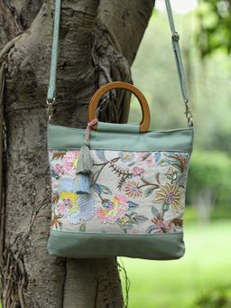 Anekaant - Women Green Cotton Handbag with Detachable Strap