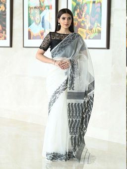 Beatitude - White Handwoven Silk Jamdani Saree without Blouse