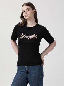 Wrangler - Women Graphic Print Black Crew Neck Regular Fit T-Shirt