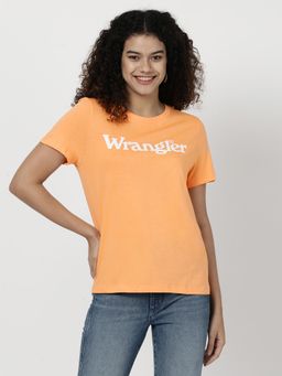 Wrangler - Women Graphic Print Orange Crew Neck Regular Fit T-Shirt