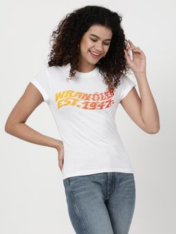 Wrangler - Women Typography Print White Crew Neck Relaxed Fit T-Shirt