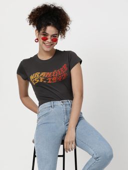 Wrangler - Women Graphic Print Grey Crew Neck Relaxed Fit T-Shirt