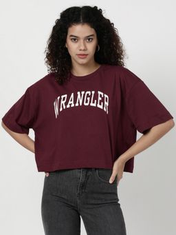Wrangler - Women Typography Print Maroon Crew Neck Boxy Fit T-Shirt