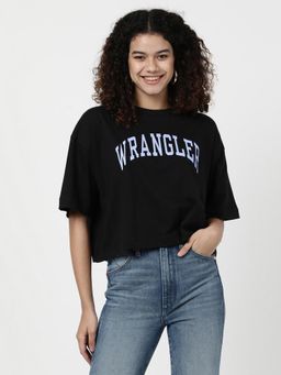 Wrangler - Women Graphic Print Black Crew Neck Slim Fit T-Shirt