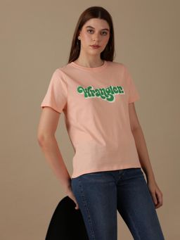 Wrangler - Women Logo Peach Crew Neck Regular Fit T-Shirt