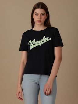 Wrangler - Women Logo Blue Crew Neck Regular Fit T-Shirt