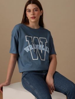 Wrangler - Womens Typography Blue Logo Crew Neck T-Shirt
