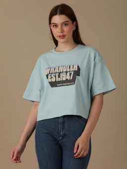 Wrangler - Women Graphic Blue Crew Neck Boxy Fit T-Shirt