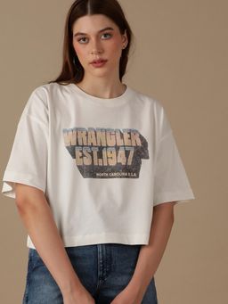 Wrangler - Women Typography White Crew Neck Boxy Fit T-Shirt