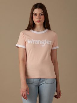 Wrangler - Womens Graphic Pink Ringer Crew Neck T-Shirt