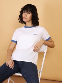 Wrangler - Women Solid White Crew Neck Relaxed Fit T-Shirt