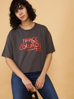 Wrangler - Women Printed Grey Crew Neck Relaxed Fit T-Shirt