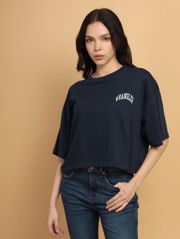 Wrangler - Women Printed Blue Crew Neck Boxy Fit T-Shirt