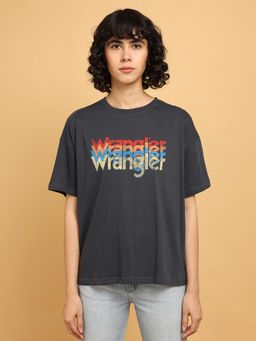 Wrangler - Women Printed Grey Crew Neck Girlfriend Fit T-Shirt