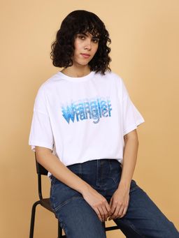 Wrangler - Women Printed White Crew Neck Girlfriend Fit T-Shirt